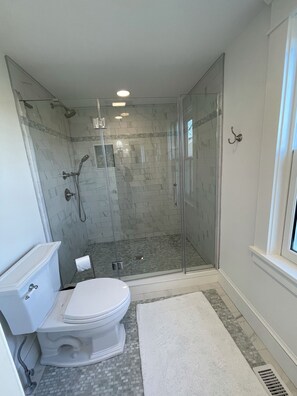 Combined shower/bathtub, hair dryer, towels, soap