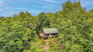 A cabin surrounded by dense forest, with a wooden deck and a green roof.
