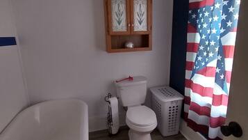 Combined shower/tub, hair dryer, towels, soap