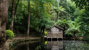 A wooden cabin by a calm lake surrounded by dense forest. - Hyatt Place Melbourne, Caribbean Park (Scoresby)