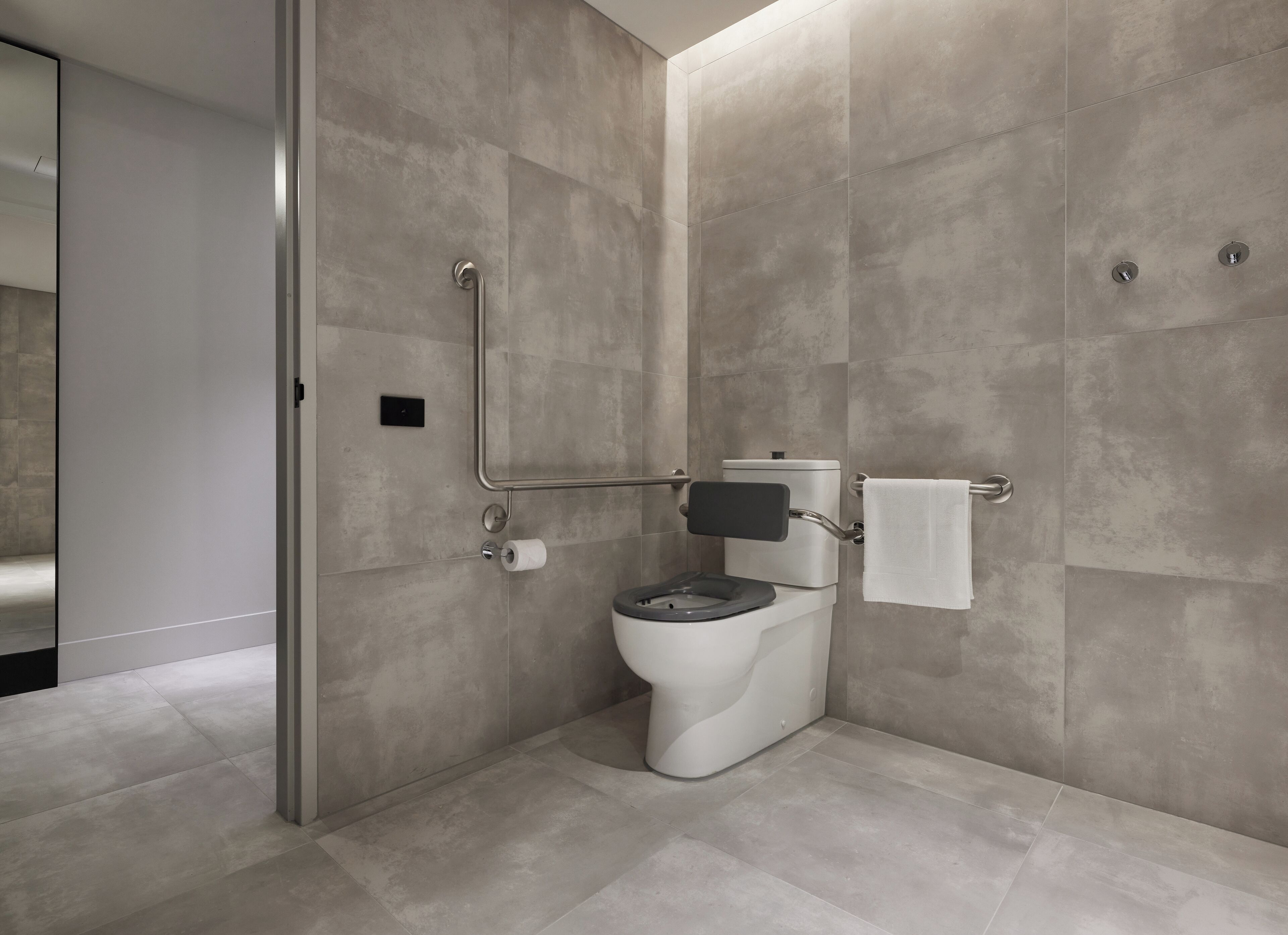 A modern bathroom with a walk-in shower, a toilet, and a towel rack.