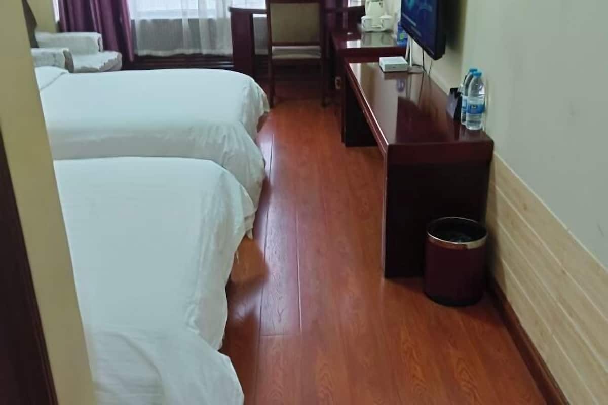 A hotel room with two beds, a desk, a chair, a television, and a trash can.