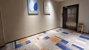 Un pasillo con piso estampado, dos cuadros enmarcados en la pared y un ascensor.