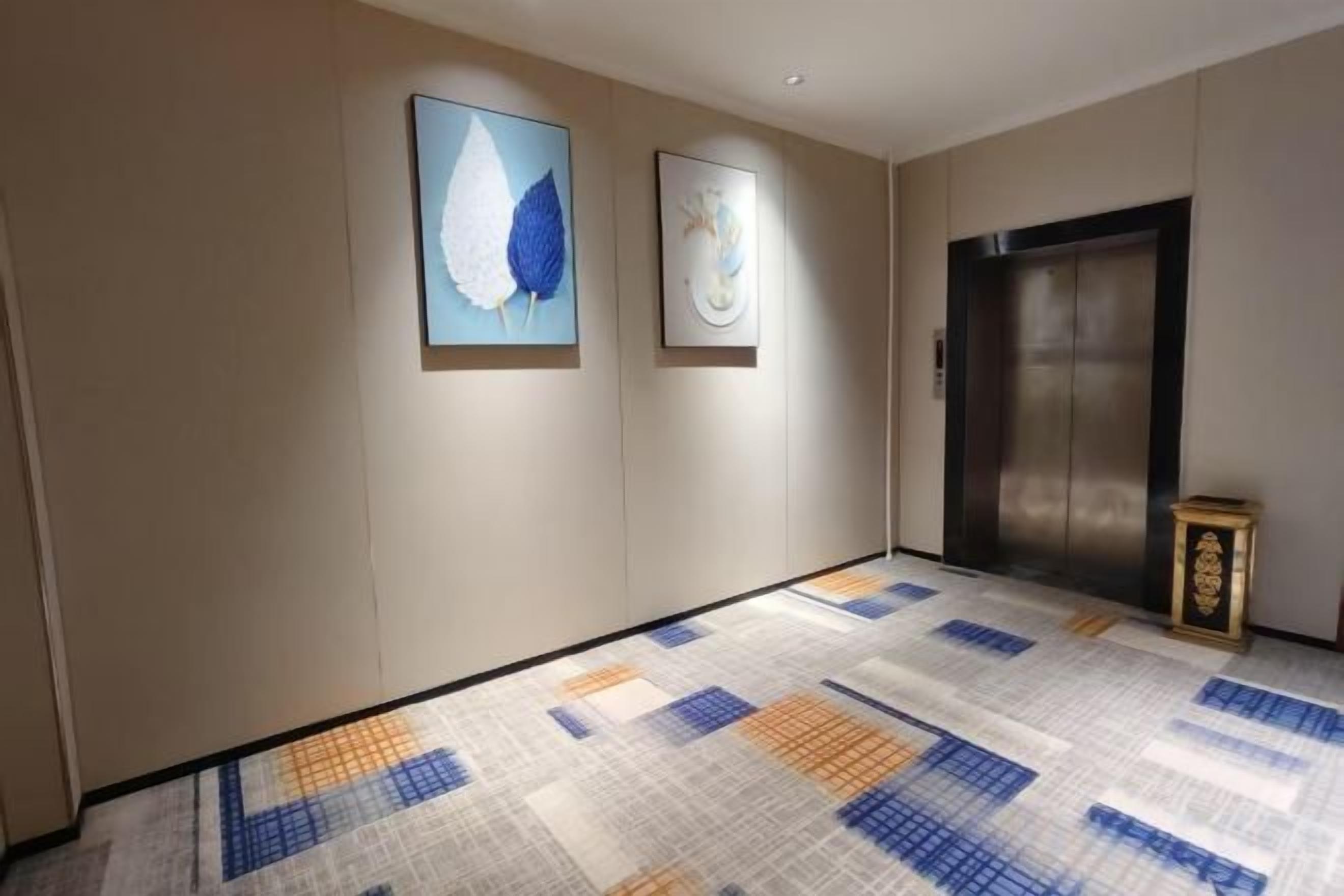 Un couloir avec un sol à motifs, deux œuvres d’art encadrées et un ascenseur.