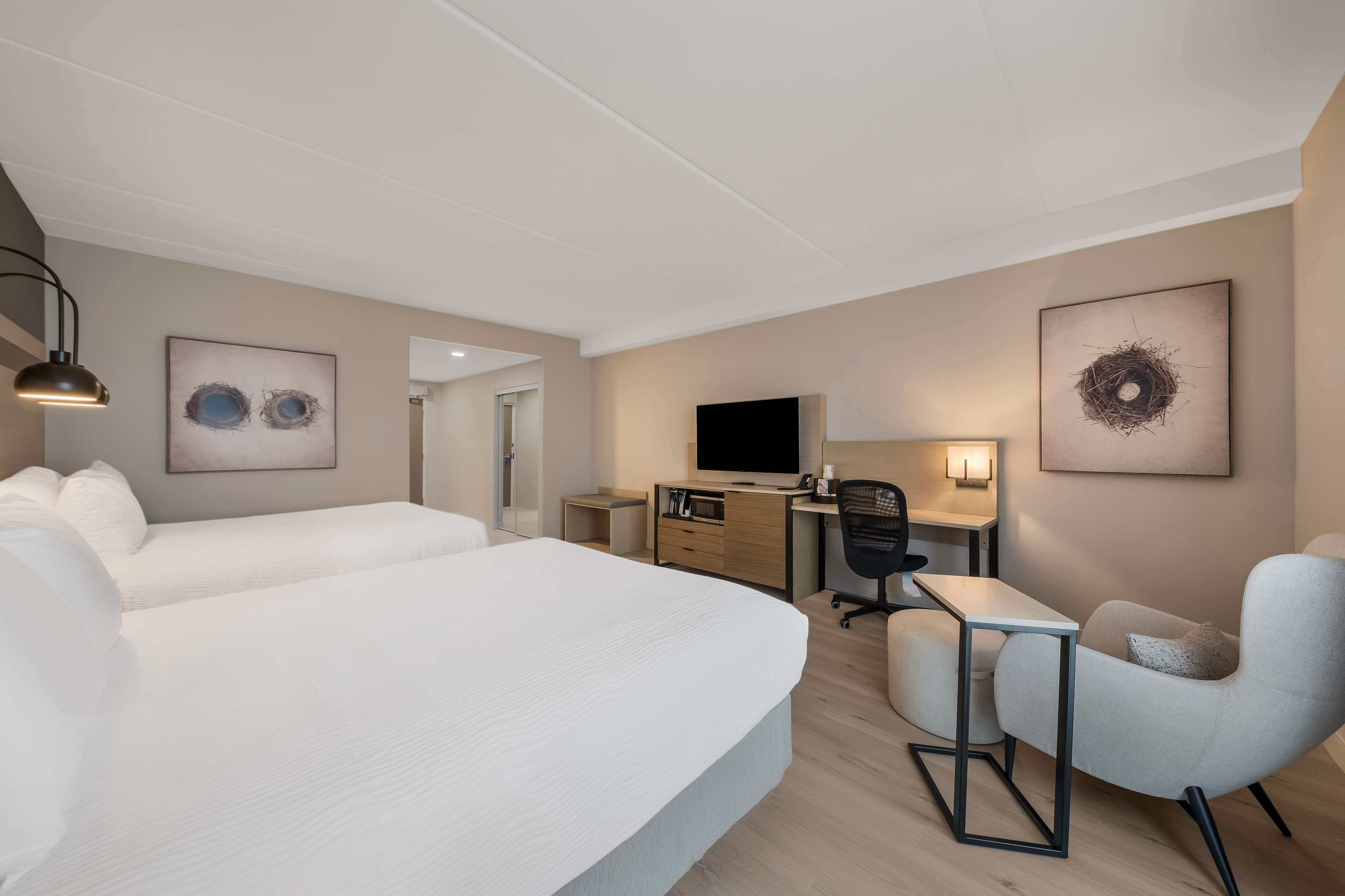 Una habitación de hotel moderna con una cama grande, un escritorio, una silla y obras de arte en las paredes.