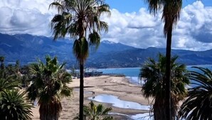 A beach with palm trees and mountains in the background. - Beachfront Hideaway in Santa Barbara - 2 bedrooms, pool, spa, across from beach, gorgeous! (Santa Barbara)