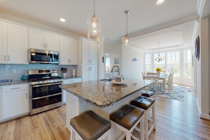 Fridge, microwave, oven, stovetop - Millville by the sea home w/ shared pool, WiFi, central AC, W/D, & gas fireplace (Millville)