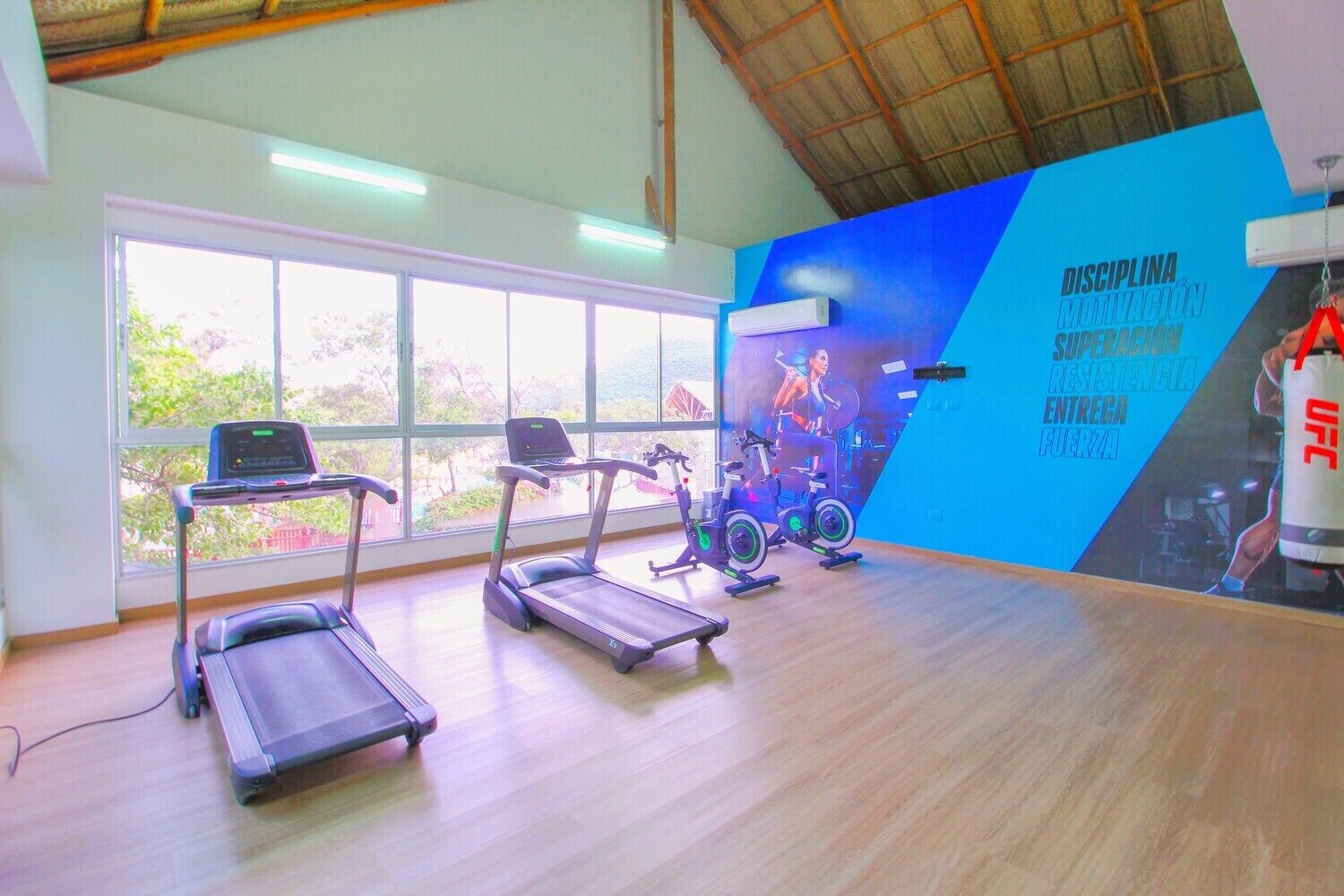A gym with treadmills, stationary bikes, and a large window.