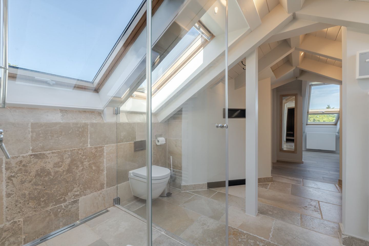 A modern bathroom with a glass shower enclosure, a toilet, and a skylight.