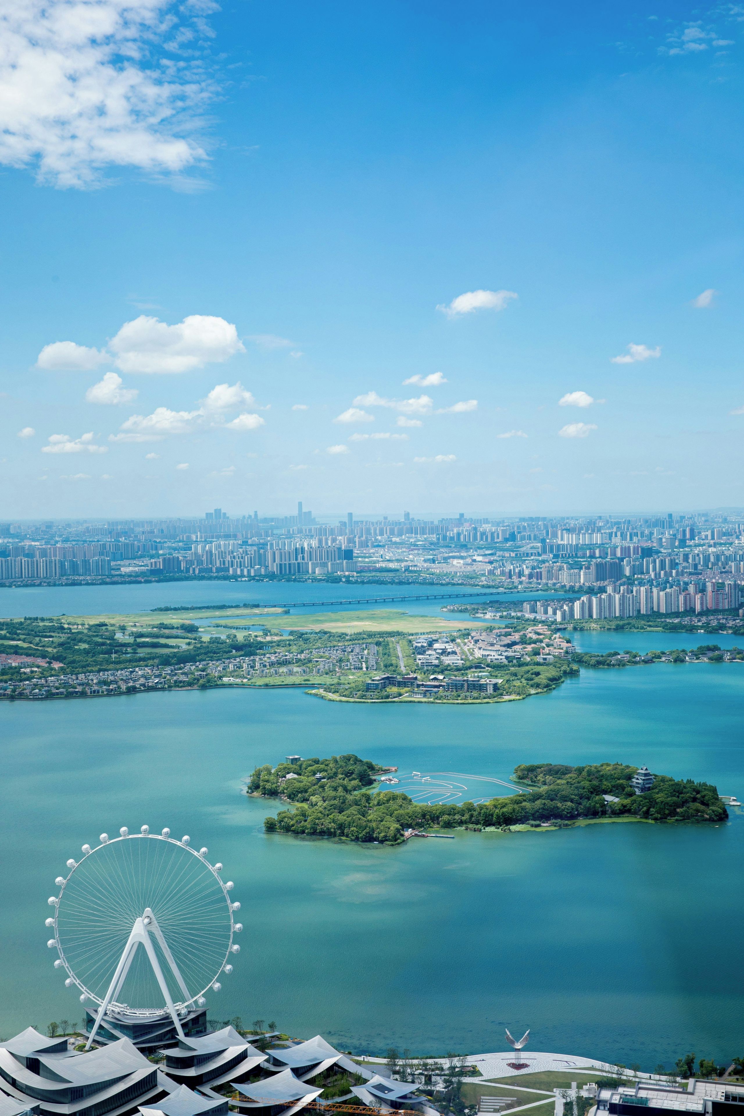 Une vue panoramique d’une ville, avec un vaste plan d’eau, une grande roue bien visible et un ensemble d’immeubles modernes.