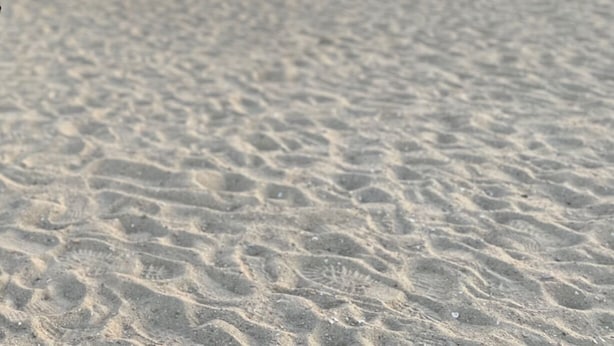 En strand med klart himmel og et redningsbassin i det fjerne.