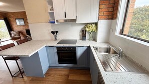 A modern kitchen with a built-in oven, a sink, and a countertop. - Woody Wonder Unit 2 - South West Rocks (SOUTH WEST ROCKS)