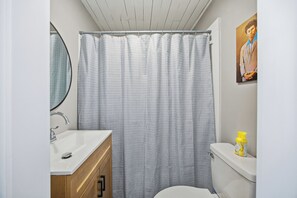 A bathroom with a shower curtain, sink, mirror, toilet, and a painting on the wall. - NEW Lakefront Escape Private Dock & Lake Views (Alton)