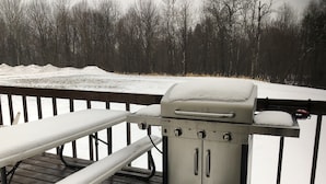 Una parrilla para barbacoa en una terraza de madera, con nieve en el suelo y árboles circundantes.