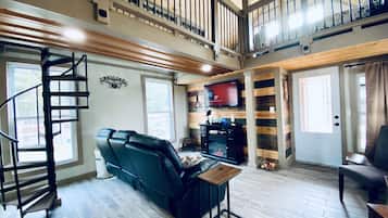 Smart TV, fireplace, books