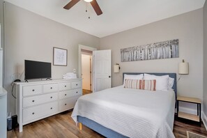 2 bedrooms, desk, laptop workspace, iron/ironing board