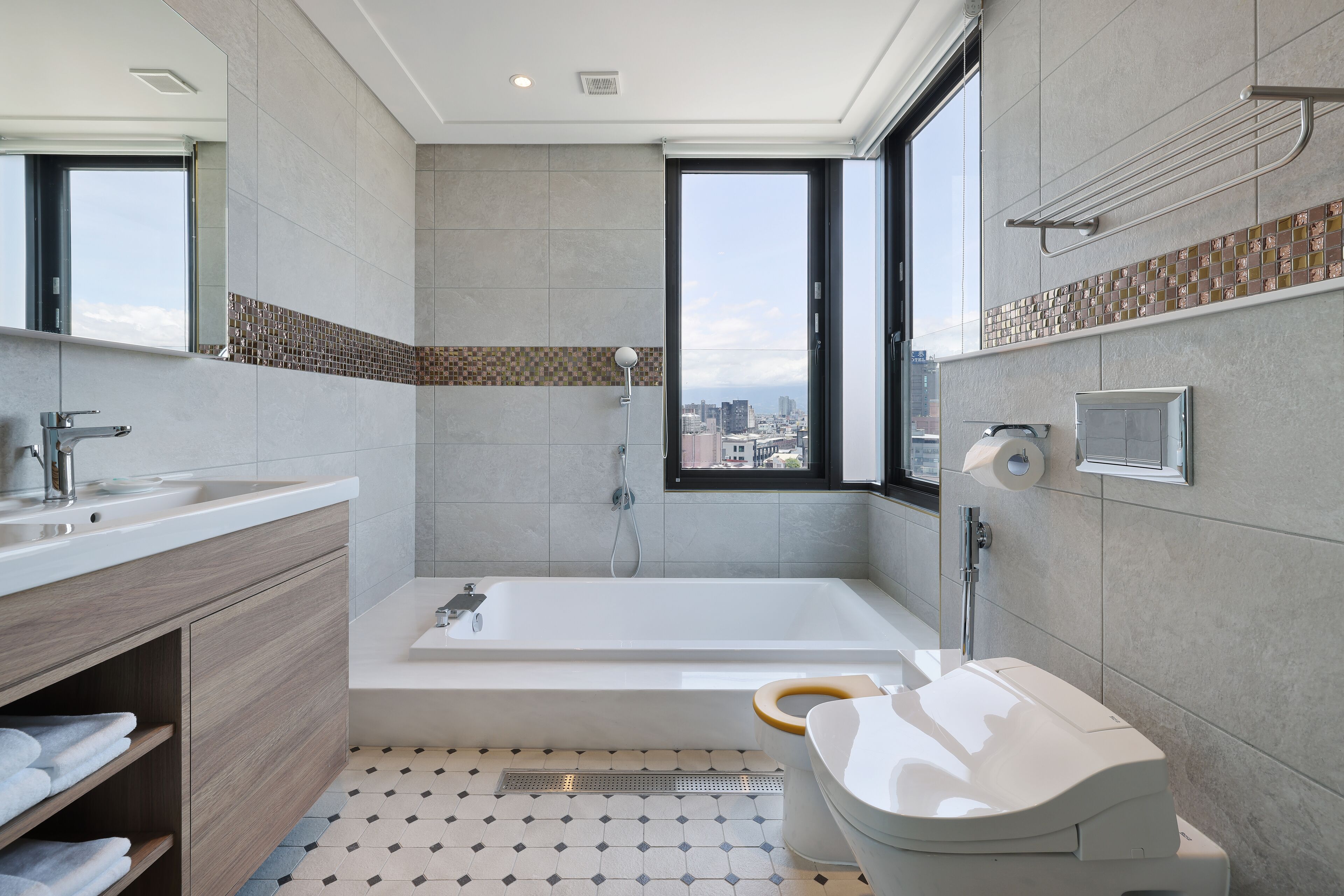 hair dryer, towels, shampoo, toilet paper