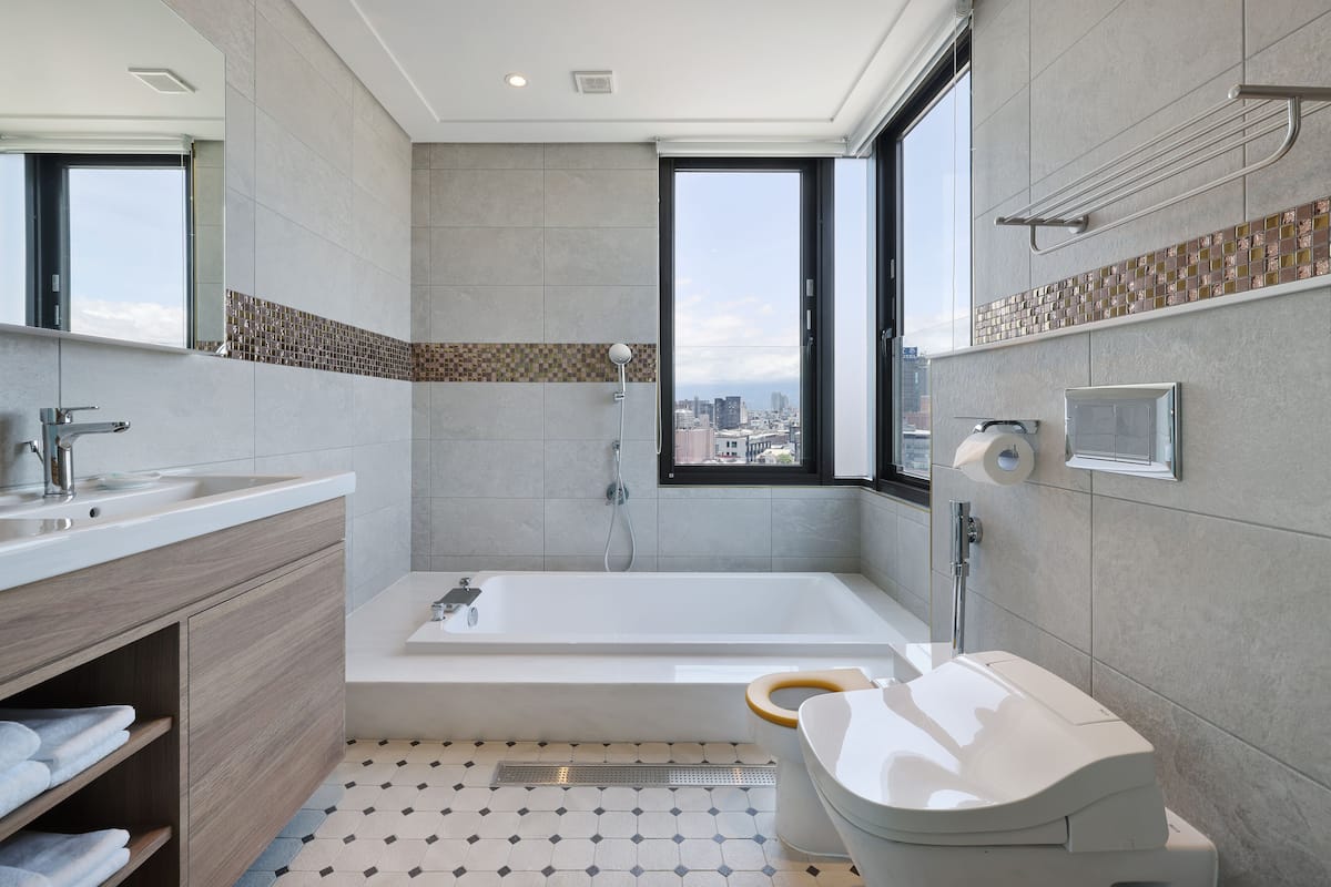 hair dryer, towels, shampoo, toilet paper