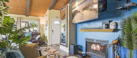 Smart TV, chimenea, reproductor de DVD y estéreo