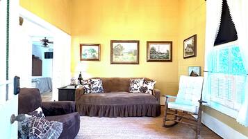 Smart TV, fireplace, DVD player, books