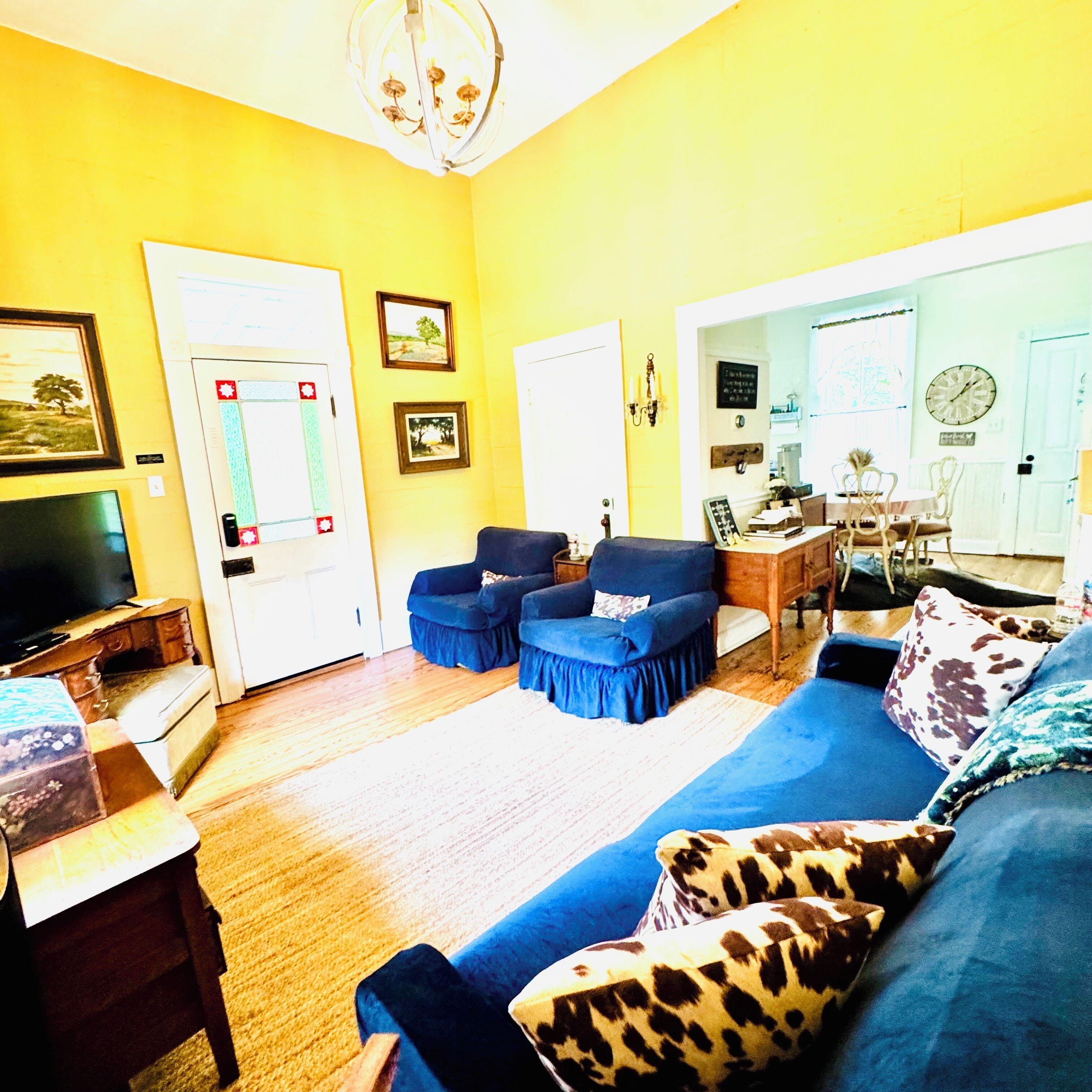Smart TV, fireplace, DVD player, books