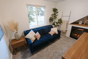 Smart TV, fireplace, books