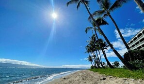 On the beach, sun-loungers, beach towels
