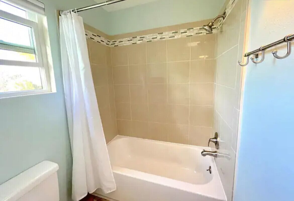 A bathroom with a bathtub, a window, and a shower curtain.