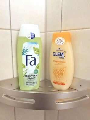 Douche, sèche-cheveux, serviettes fournies, savon