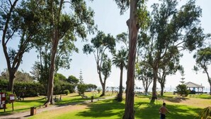 Un parco con alberi alti, una zona erbosa e un padiglione.