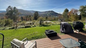 An outdoor patio with a view of a grassy field and hills. There are two barbecue grills and a covered table. - Luxury Hunter Mountain View Townhome -Pool-Fire pit-Walk to Scribner’s-Sleeps 10 (Hunter)