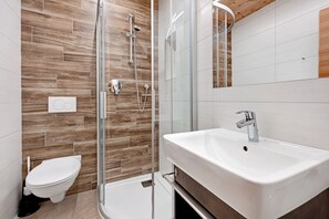 Shower, hair dryer, towels