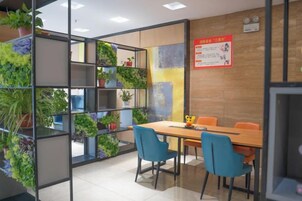 Una sala de reuniones con una mesa de madera, sillas azules y una pared verde con plantas.
