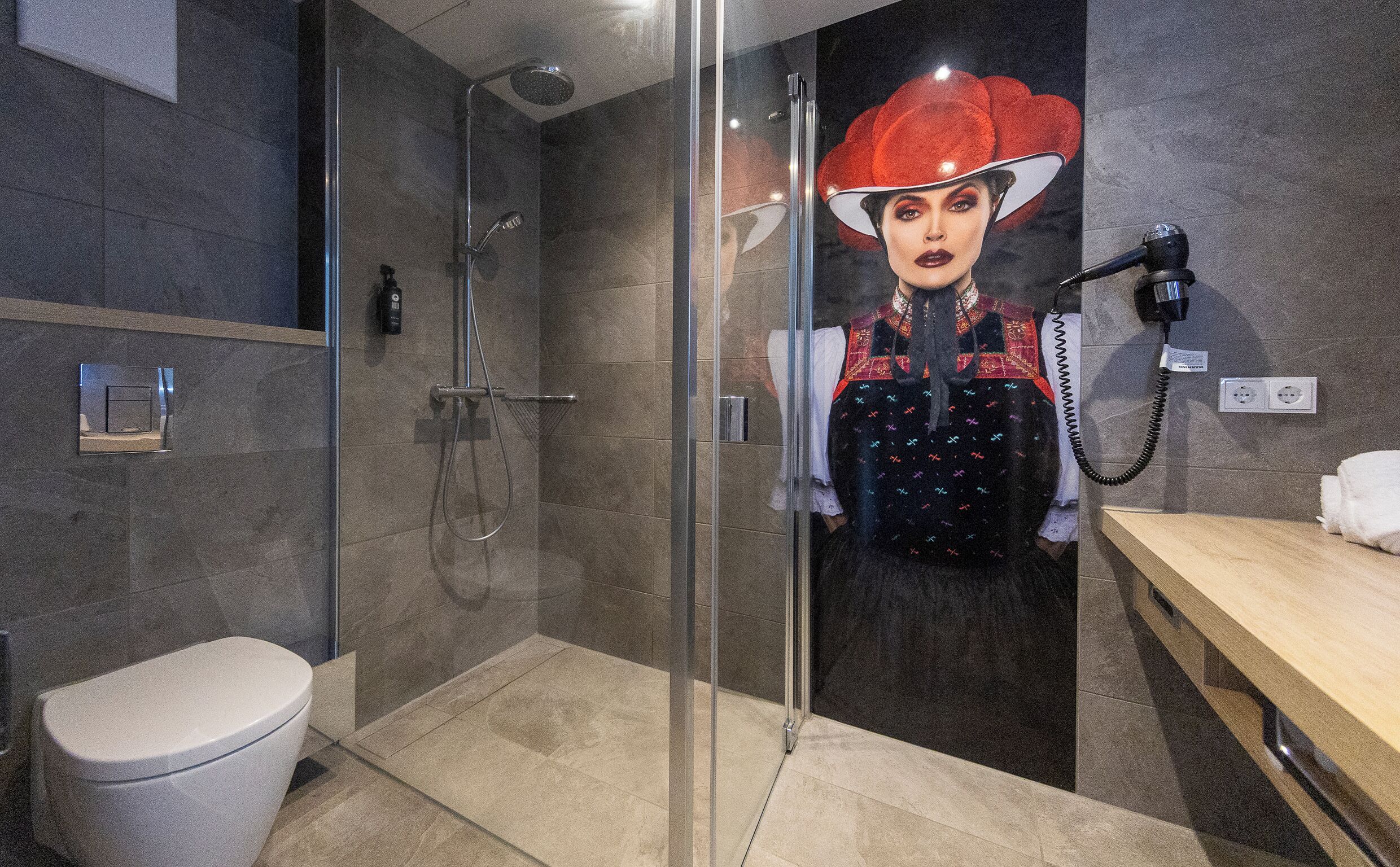 Hair dryer, towels, soap, shampoo