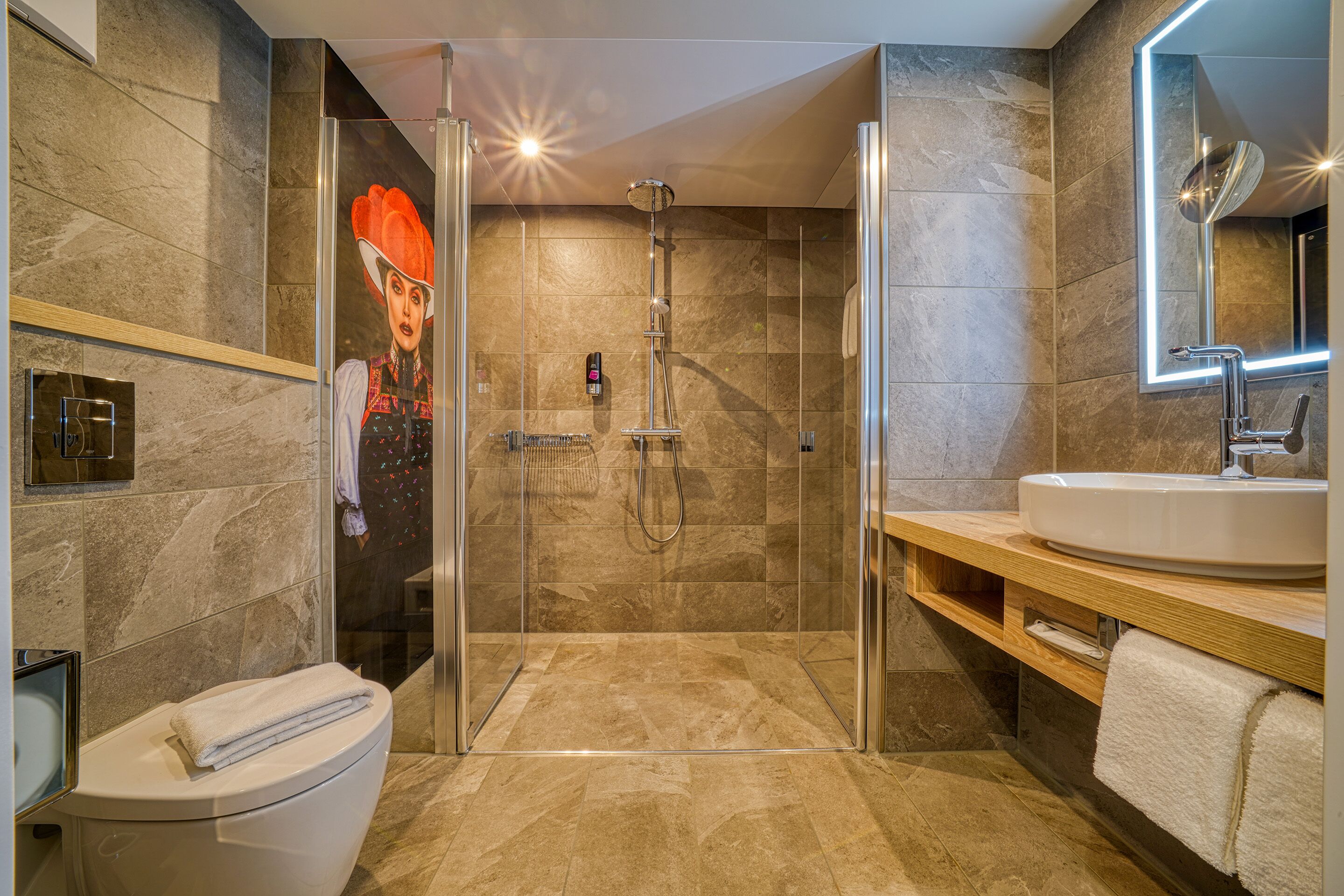 shower, rainfall showerhead, hair dryer, towels