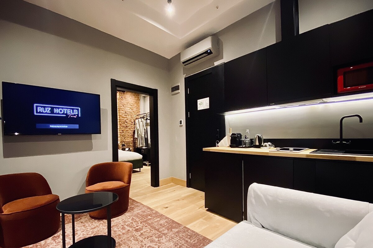 A modern hotel room with a TV displaying 'RUZ HOTELS' on the wall, a kitchenette with a sink and countertop, a bed, and two chairs.