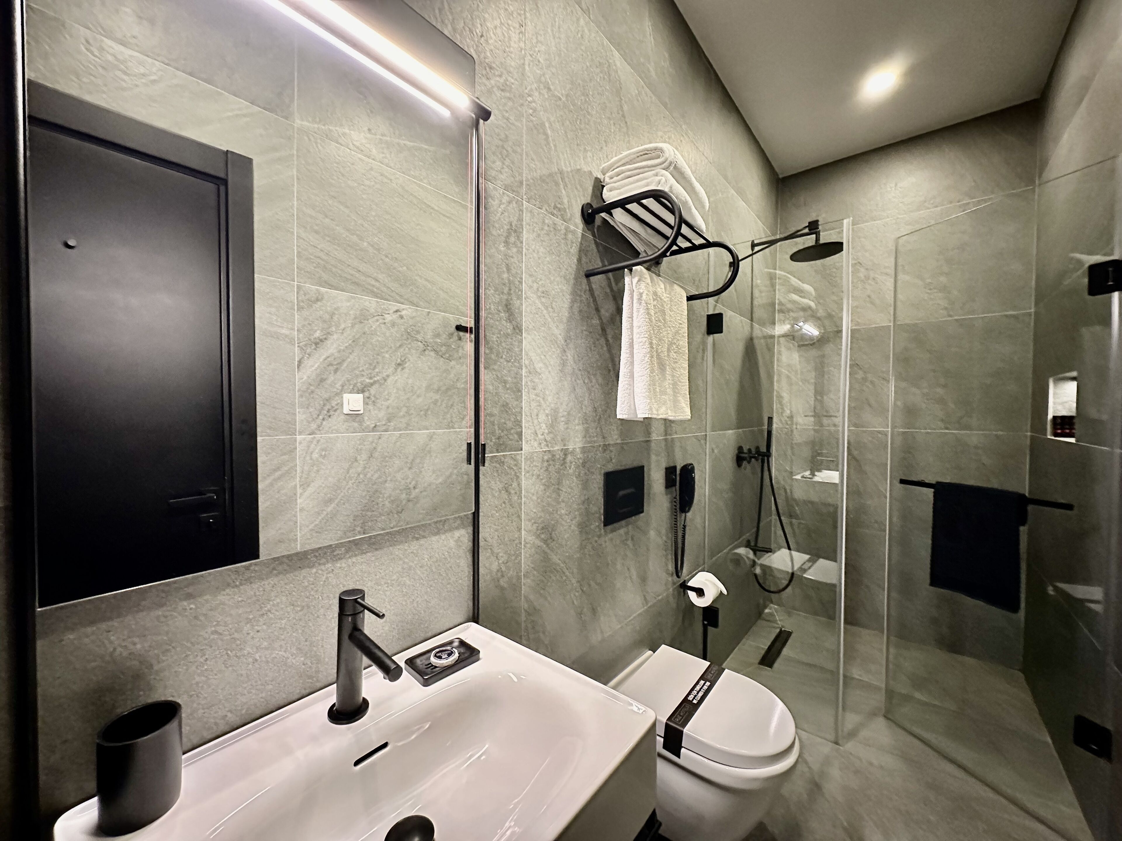 A modern bathroom with a sink, toilet, and glass-enclosed shower.