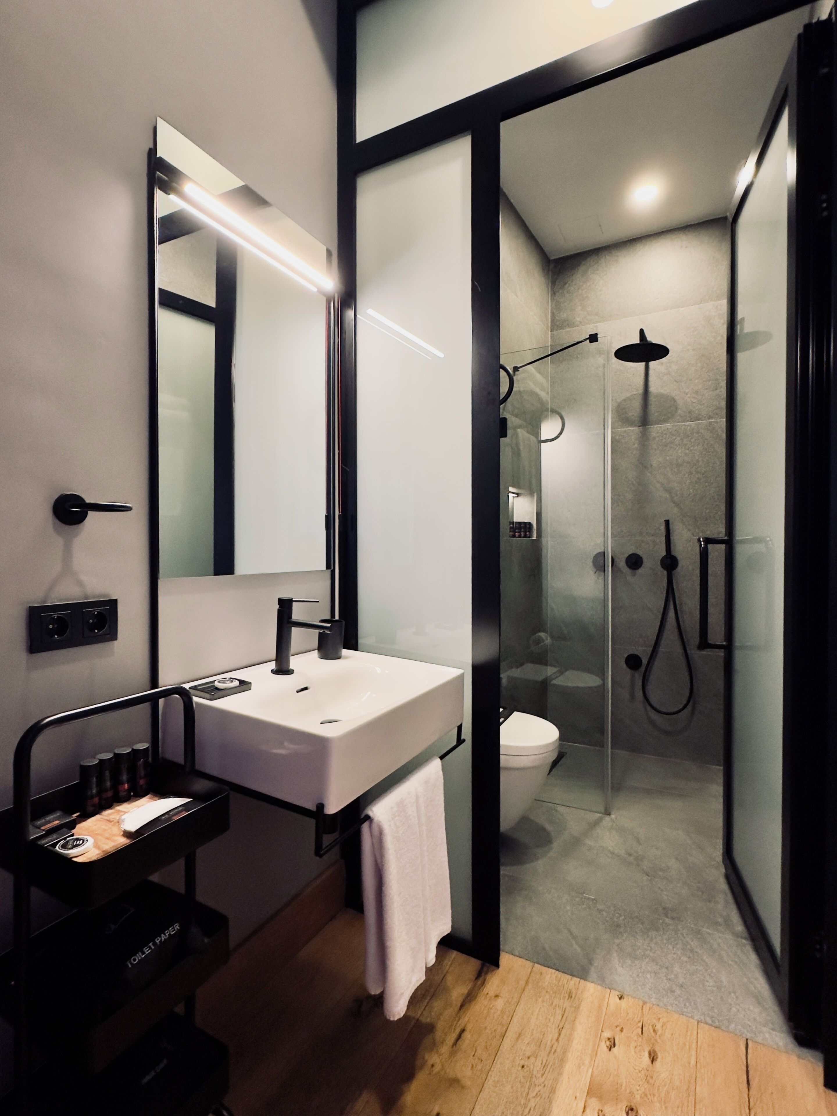 A modern bathroom with a glass-enclosed shower, a white sink, and a mirror.