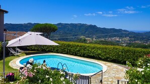 A swimming pool with a stone deck, surrounded by greenery and a view of distant hills.