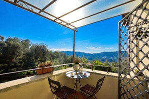 Un balcon avec une table et des chaises, une plante en pot et une vue sur les montagnes.