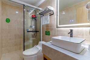 Een moderne badkamer met een glazen douchecabine, een witte wastafel en een toilet.
