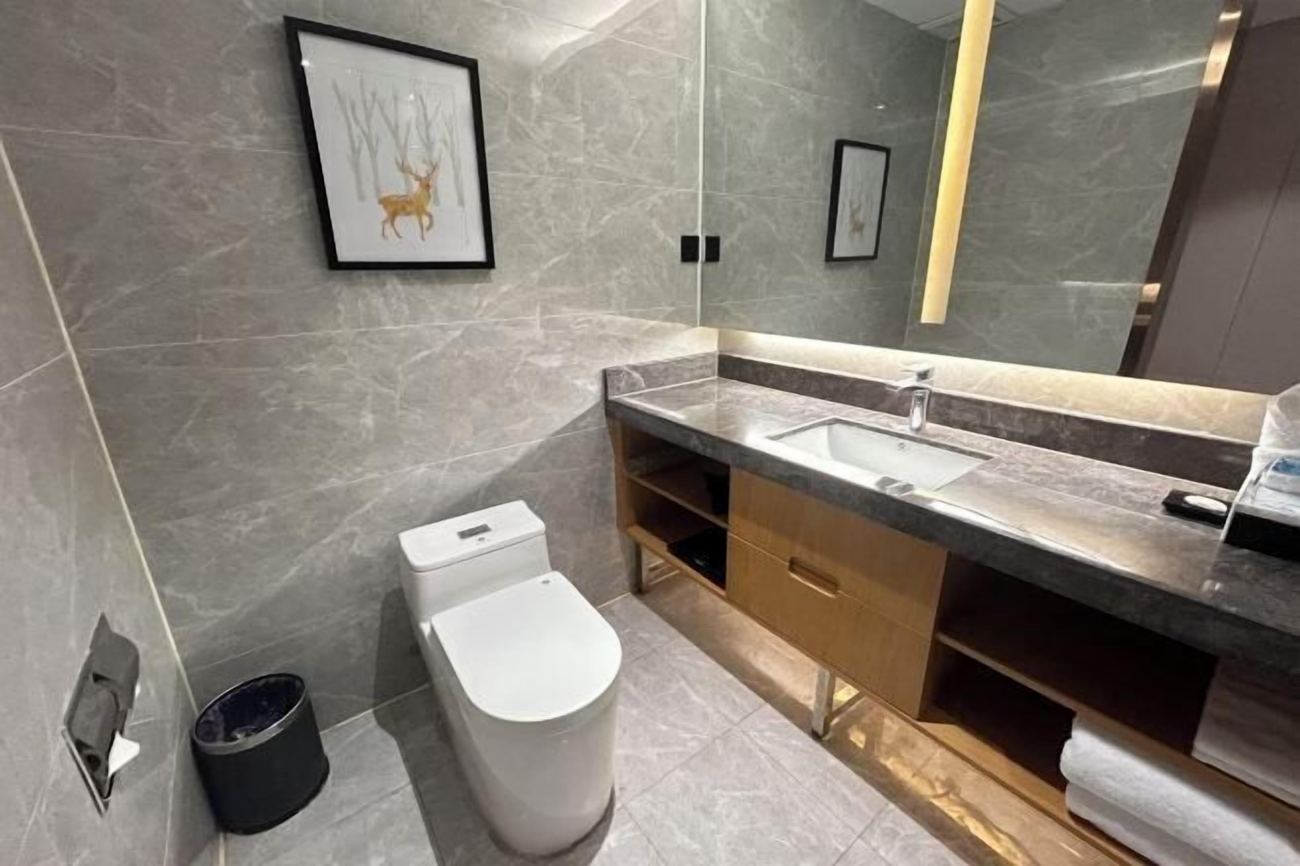 A modern bathroom with a marble wall, a framed deer picture, a sink, and a toilet.
