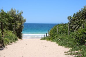A sandy beach path leading to the ocean, surrounded by greenery and a clear blue sky. - Forster holiday home, linen included-WiFi- pets welcome-cafes,beach, golf, fish  (Forster)