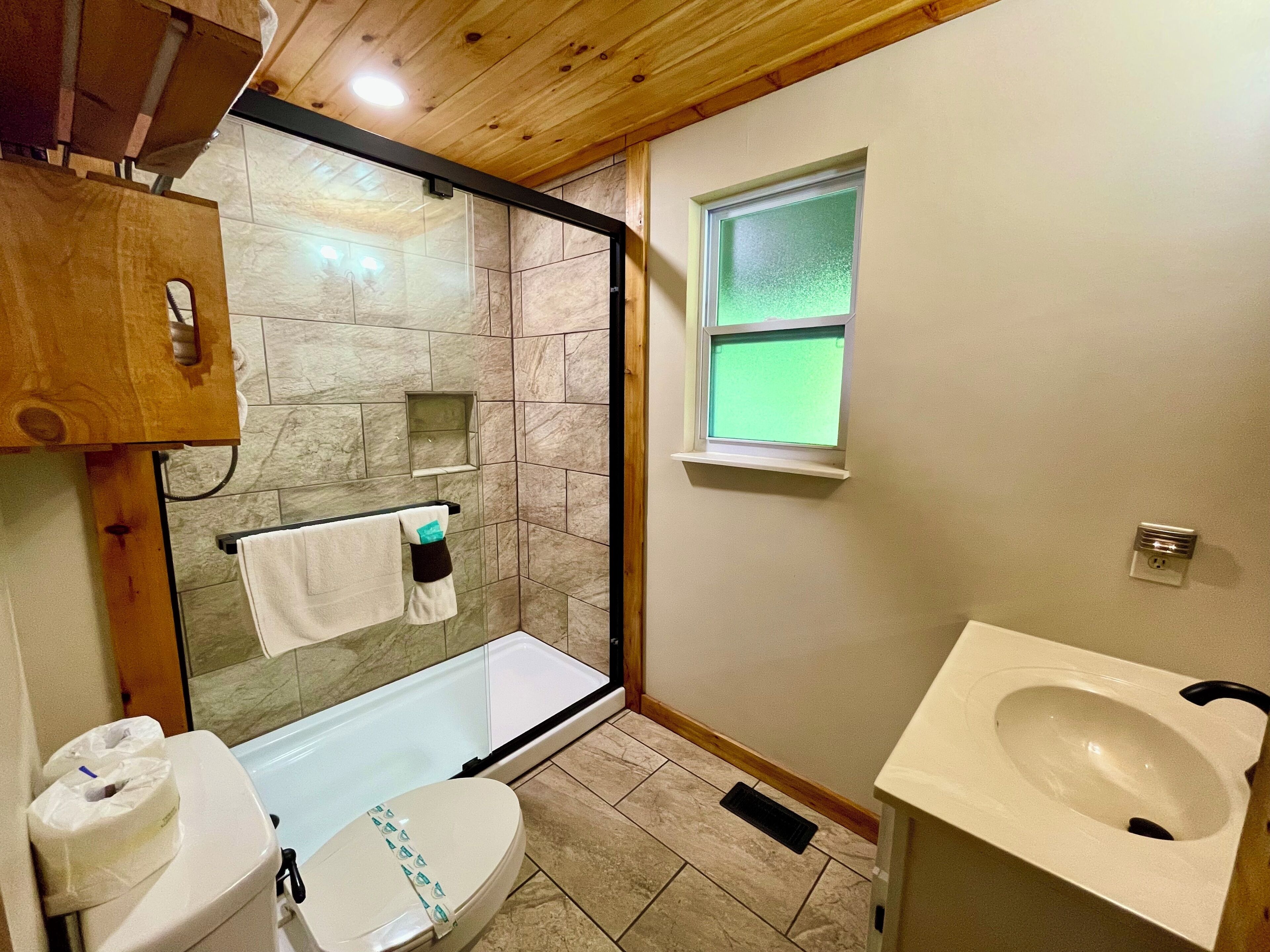 A bathroom with a glass shower enclosure, a toilet, a sink, and a window.