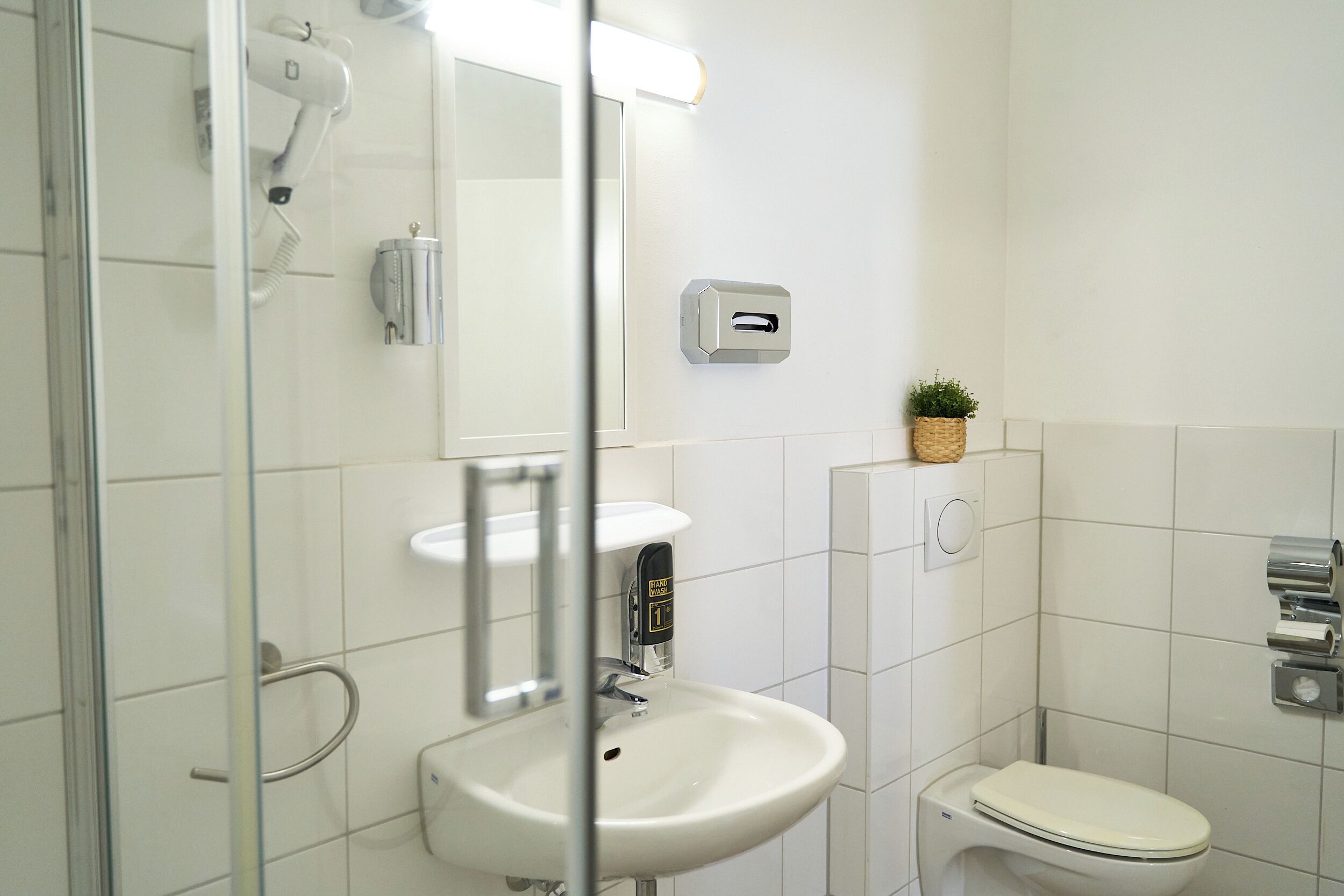 Et moderne badeværelse med brusekabine i glas, hvid vask, toilet og en lille potteplante på væggen.