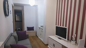 Olohuone, jossa on harmaa sohva, valkoisella jalustalla oleva televisio ja raidallinen seinä.