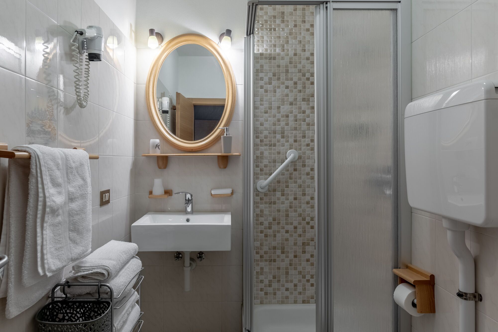 Shower, hair dryer, bidet, towels