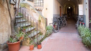 Ein schmaler Gang mit einer Treppe, Blumentöpfen und Fahrrädern, die an den Wänden lehnen.