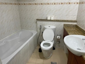 Een bad/douchecombinatie, een haardroger, een bidet, handdoeken