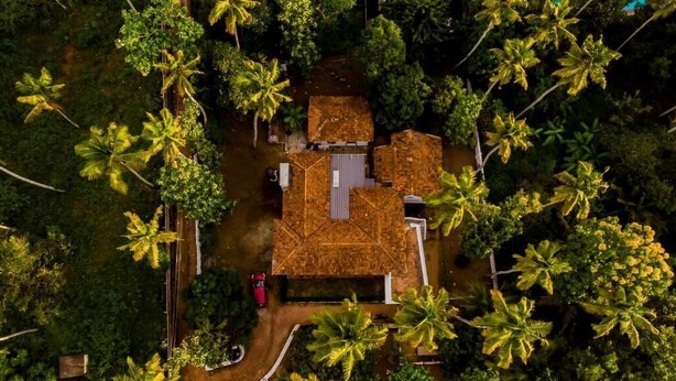 An aerial view of a house surrounded by dense tropical vegetation, including palm trees. - Piggy Hostel Varkala (Varkala)